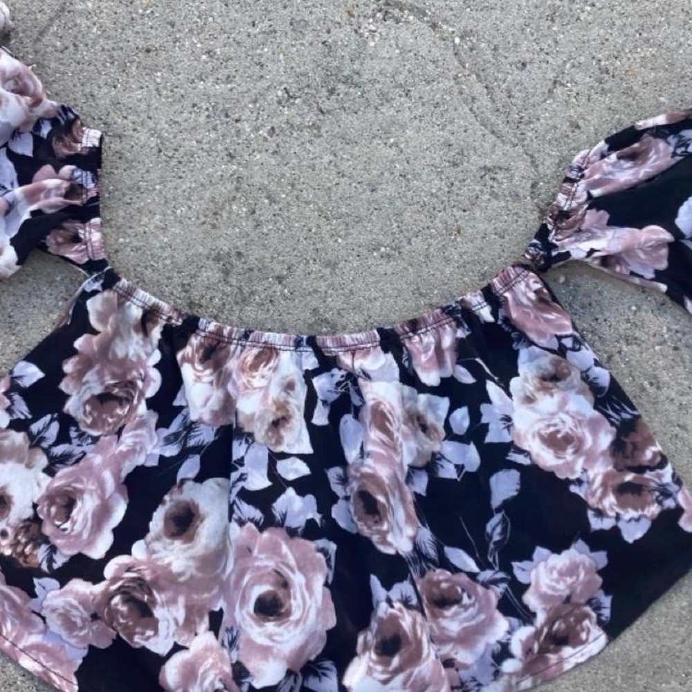 Blue Blush black floral off shoulder crop top Coquette twee Y2K Fairy Whimsigoth
